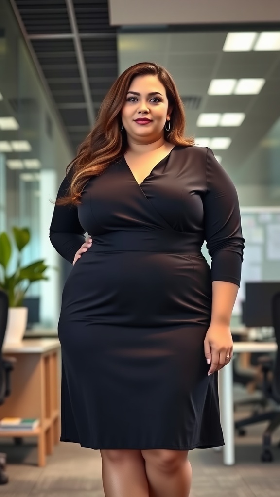 A plus-size woman wearing a black wrap dress in an office setting, showcasing a professional and stylish look.