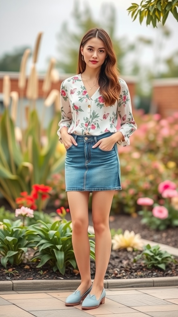 A woman in a floral blouse and short denim skirt, standing in a garden.