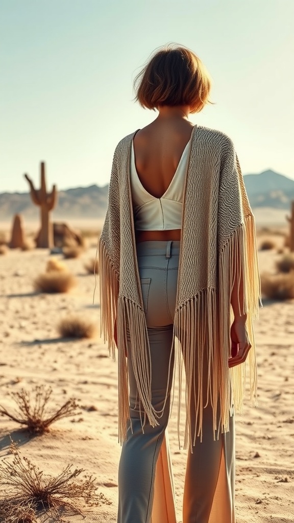 A woman wearing a fringed kimono in a desert setting.
