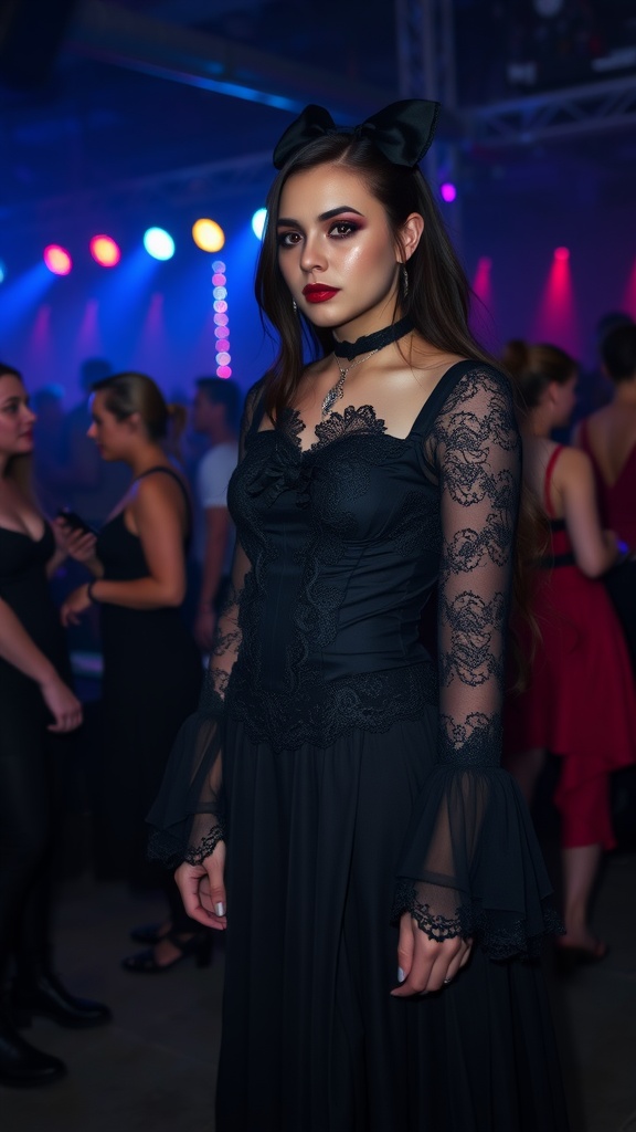 A model in a gothic-style black dress with lace details, posing at a rave with colorful lights in the background.