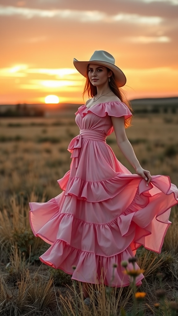 A woman in a pink ruffled western dress with a wide-brimmed hat, twirling at sunset in a field.