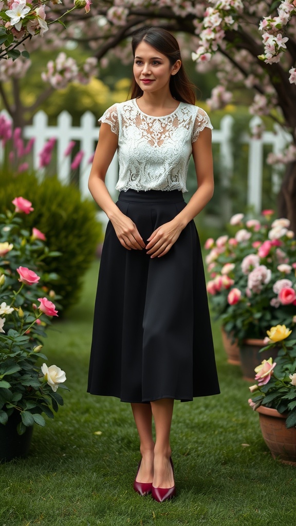 A woman wearing a lace top and a black midi skirt, standing in a flower garden.