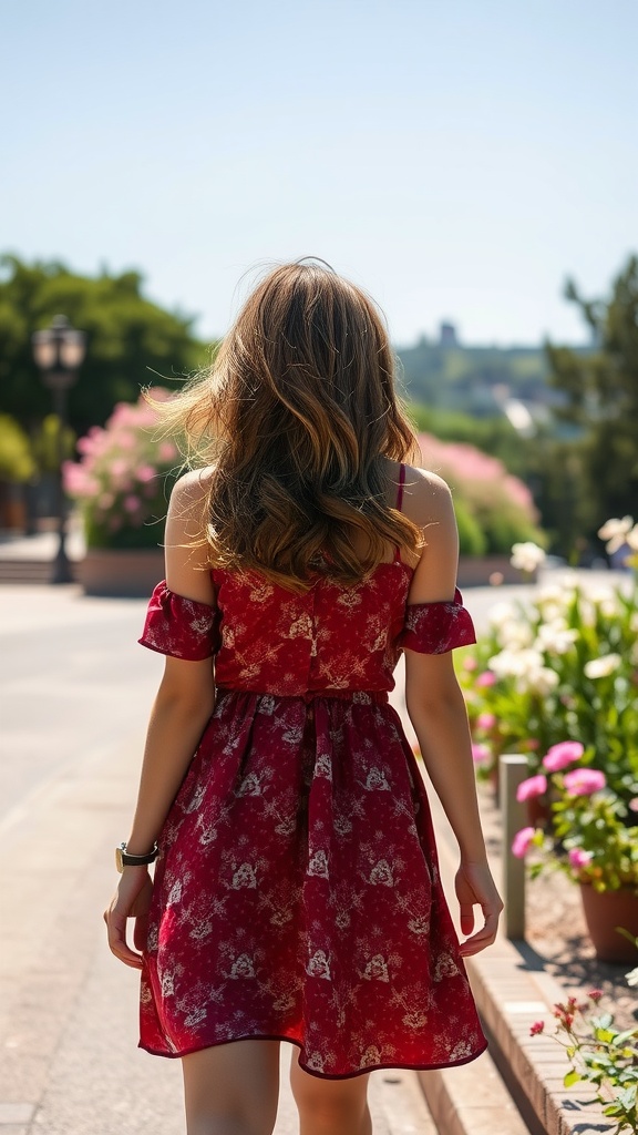 A woman wearing a red floral dress with off-shoulder sleeves, walking in a sunny outdoor setting surrounded by flowers.