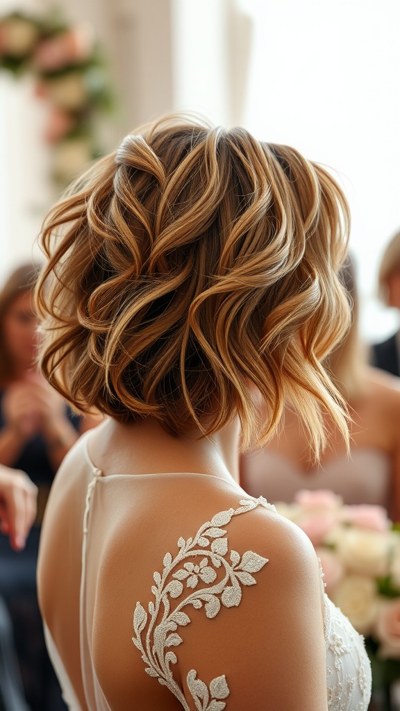 A bride with tousled short hair styled elegantly, showcasing soft waves and a beautiful back detail of her dress.