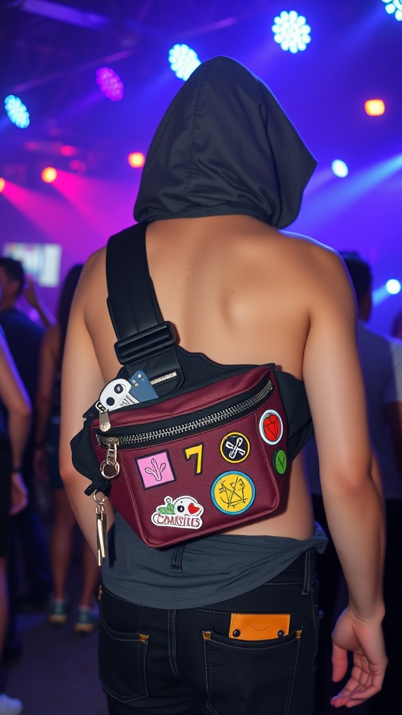 Trendy festival-inspired fanny pack with patches, worn by a person at a rave