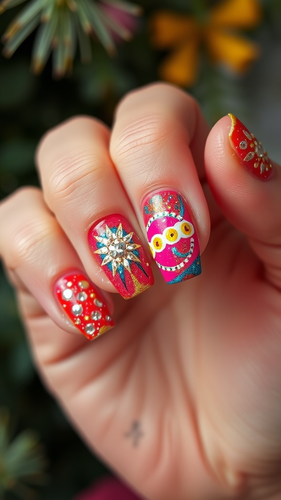 Colorful festival-themed nail design featuring red, blue, and gold colors with glitter and embellishments.