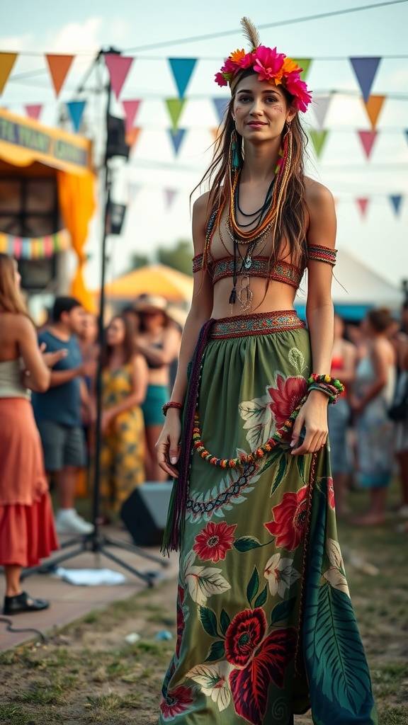 A model in a floral silk maxi skirt and crop top at a festival, wearing a flower crown and layered accessories.