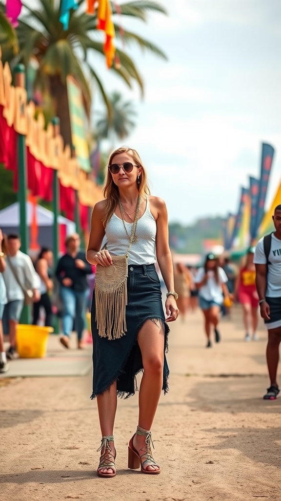 A woman in a black denim skirt, light tank top, and strappy heels strolling through a festival with a fringed handbag.