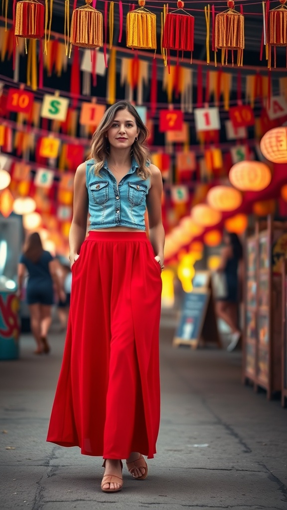 A woman wearing a crop denim top and a flowing red maxi skirt, walking through a vibrant festival setting with colorful decorations.
