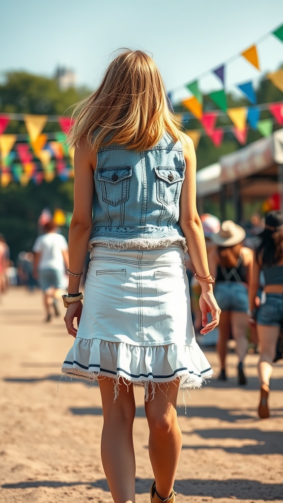 A woman walking in a festival setting, wearing a white denim skirt and a denim vest.