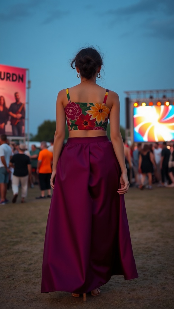 A woman in a floral crop top and satin maxi skirt at a festival, viewed from the back.