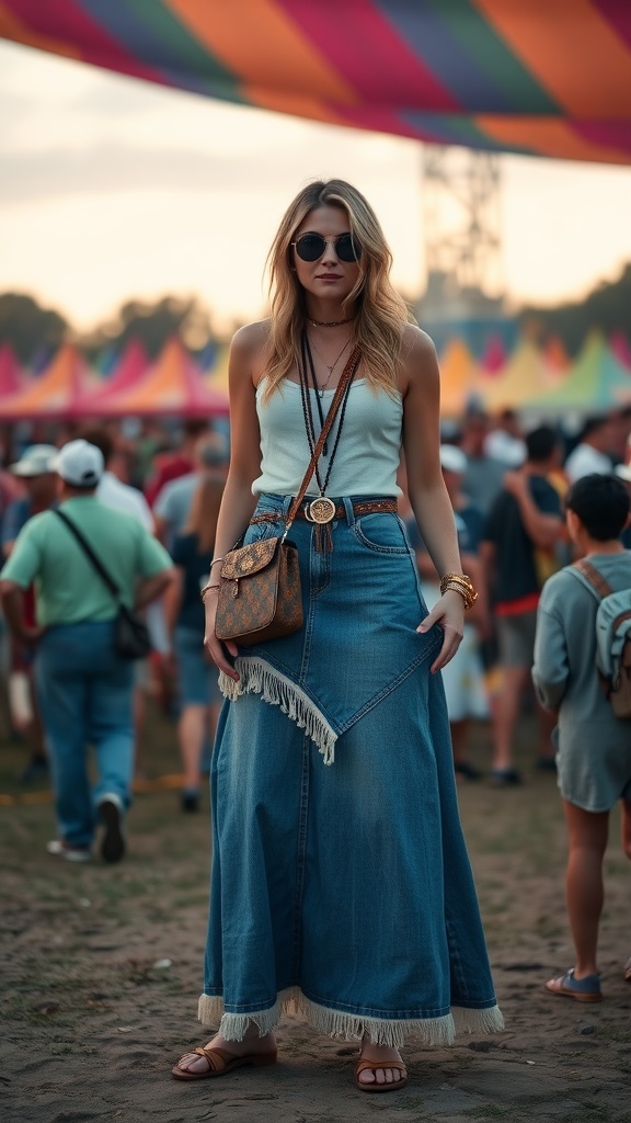 A young woman wearing a long jean skirt and casual top at a festival, accessorized with sunglasses and a crossbody bag.