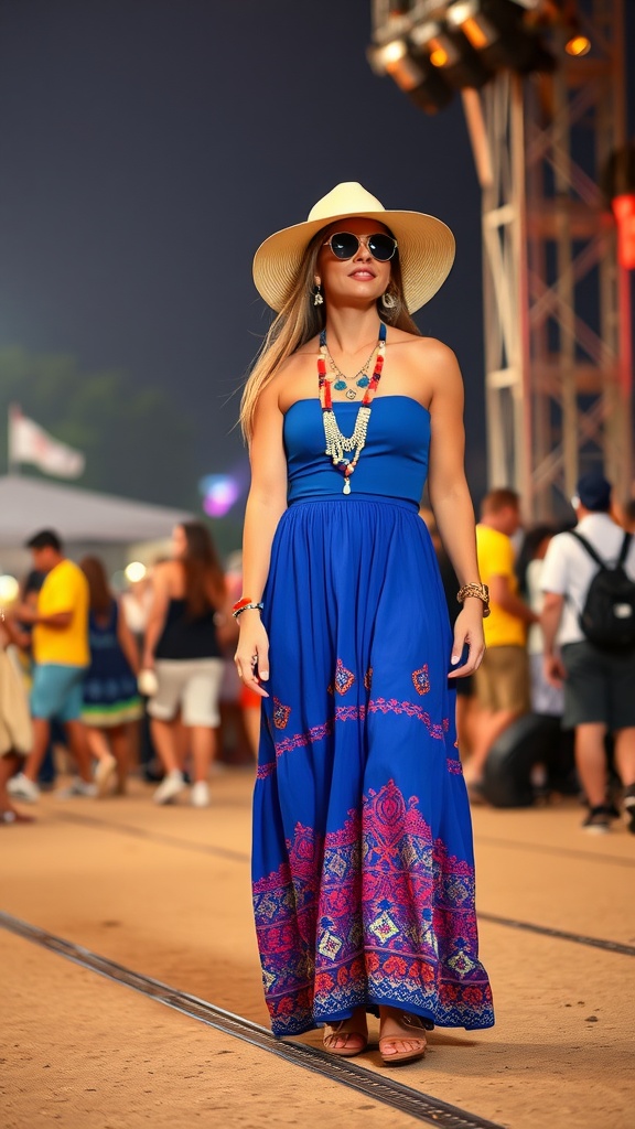Woman wearing a blue maxi skirt with bold accessories at a festival