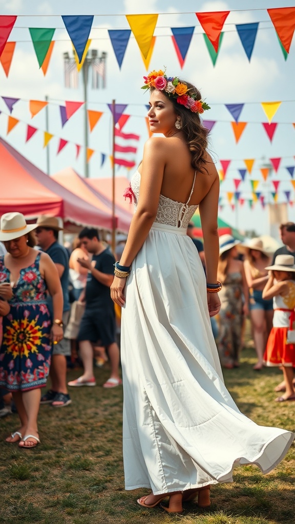 A woman wearing a white maxi skirt and colorful accessories at a vibrant festival.