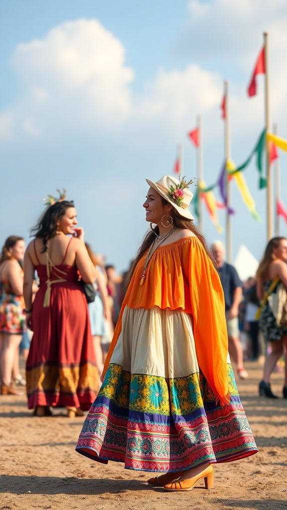 A woman in a colorful long skirt and orange top at a festival, surrounded by other festival-goers.