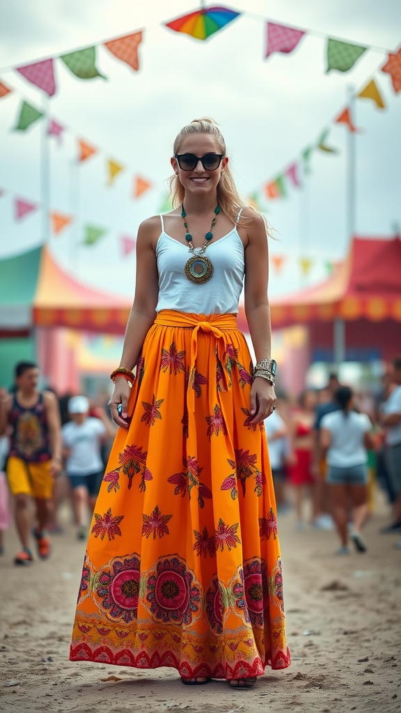 A woman wearing a vibrant orange printed long skirt and a white tank top at a festival, surrounded by colorful decorations.