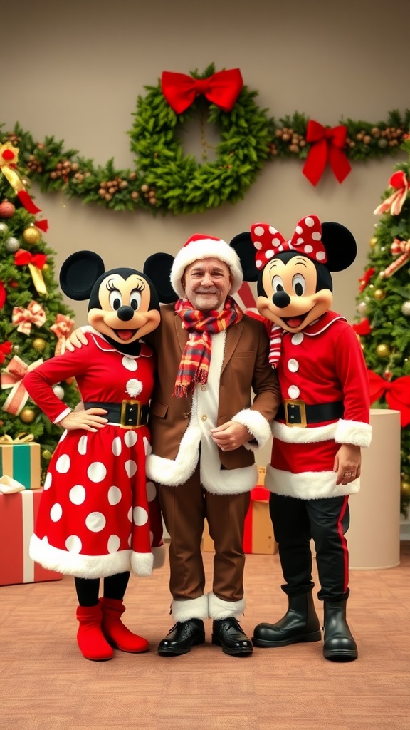 Two Disney characters in holiday outfits posing with a man in a brown suit and festive scarf.
