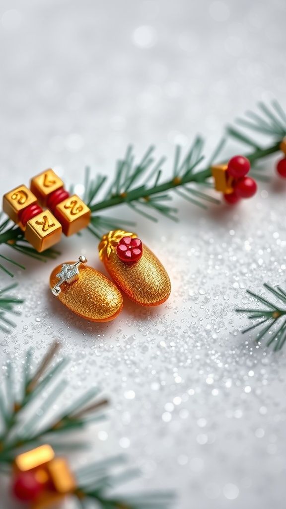 Festive gold almond nails with decorations on a background of pine branches and shiny ornaments.
