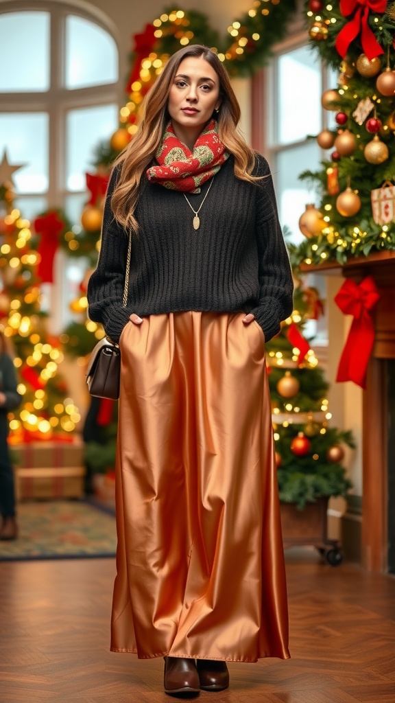 A woman wearing a black sweater, orange silk maxi skirt, and a festive scarf, standing in a holiday-decorated space.