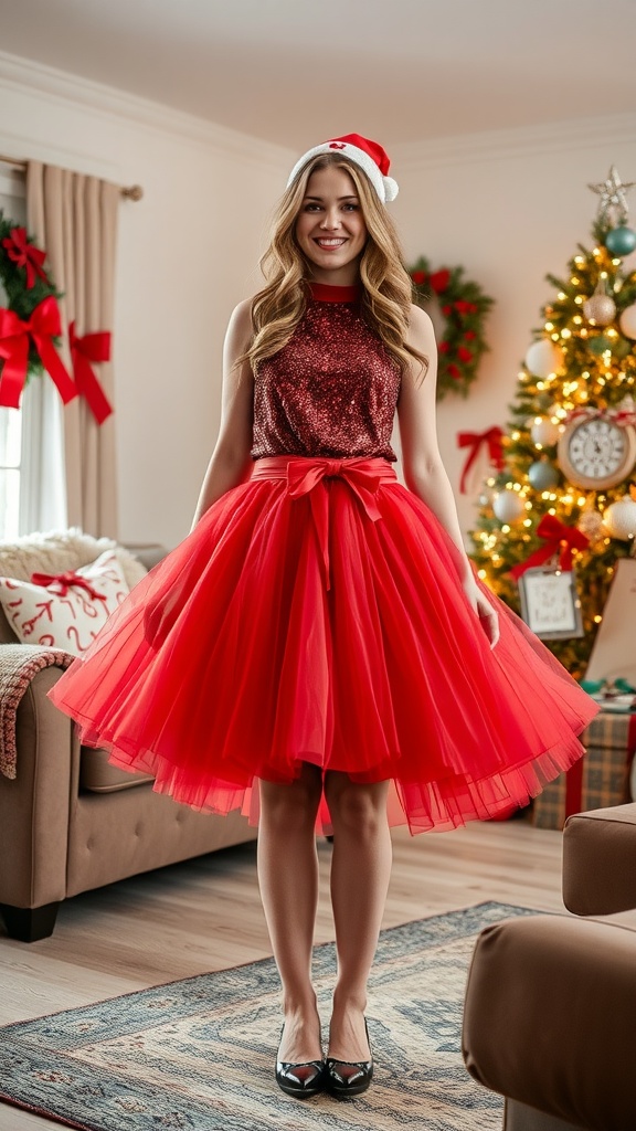 A young woman in a red tulle skirt and sparkling top, wearing a Santa hat, smiles in a cozy holiday setting with a Christmas tree.