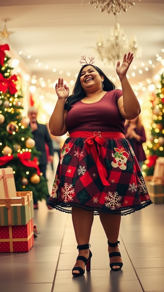 Plus-size woman dressed in a festive skirt with holiday accents, celebrating in a decorated environment.