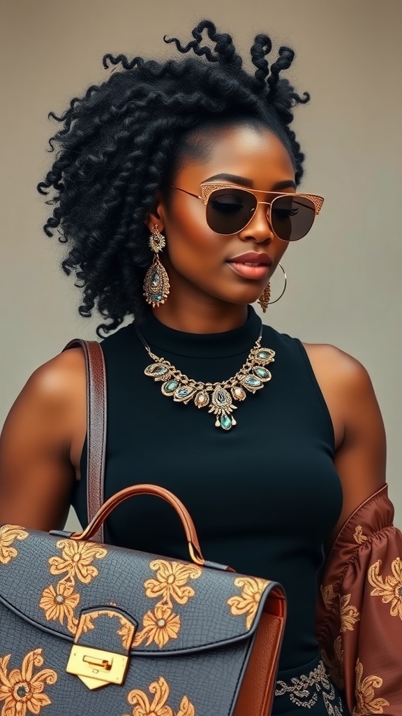 A stylish woman with curly hair wearing sunglasses and statement jewelry, holding a chic handbag.