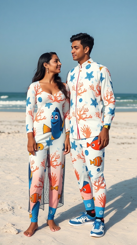 Couple in matching Finding Nemo themed outfits standing on a beach
