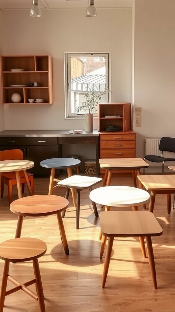 A variety of small kitchen tables in different shapes and sizes, arranged in a bright space.