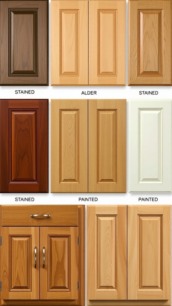 Various finishing options for alder wood kitchen cabinets including stained, natural, and painted finishes.