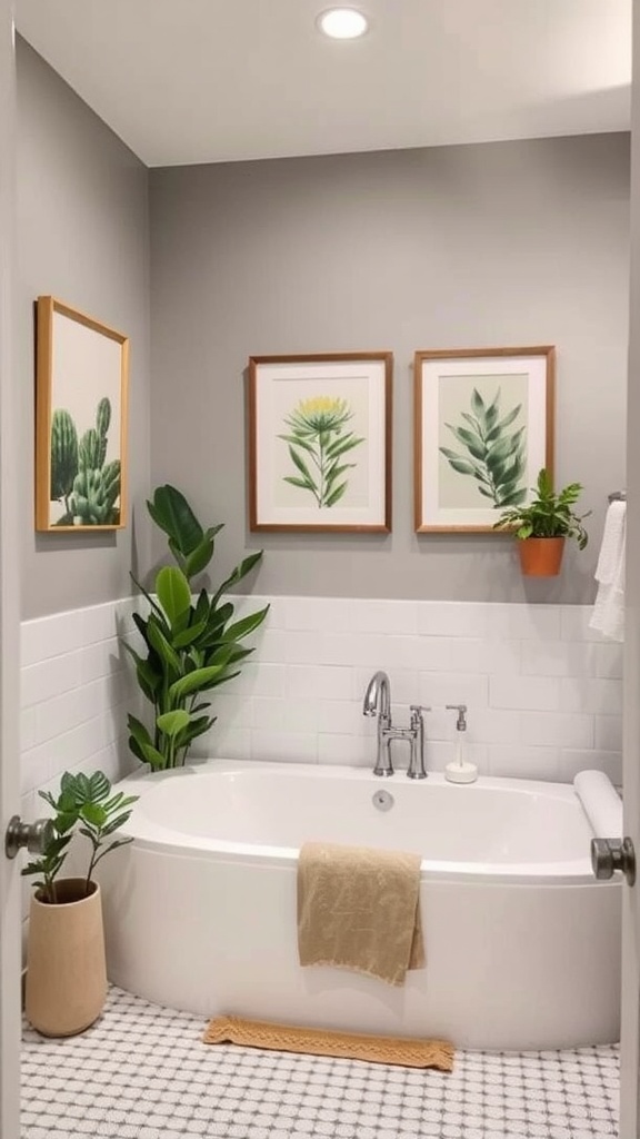 A modern bathroom featuring a white tub, plants, and framed botanical art.