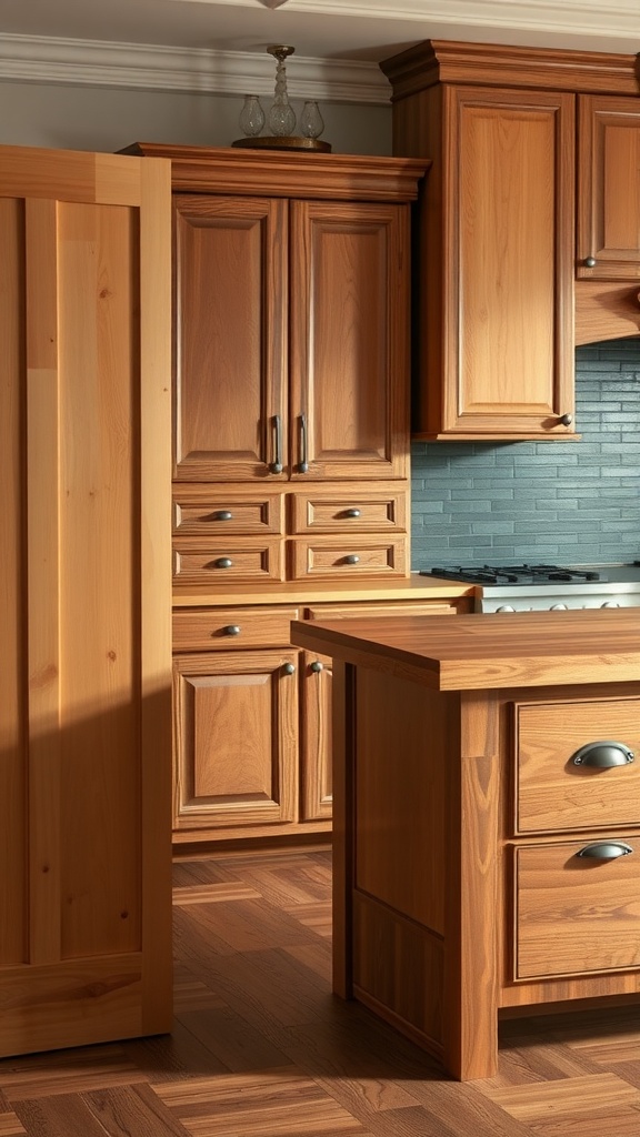 A beautifully crafted kitchen with wooden cabinets and a central island, showcasing rich wood tones.