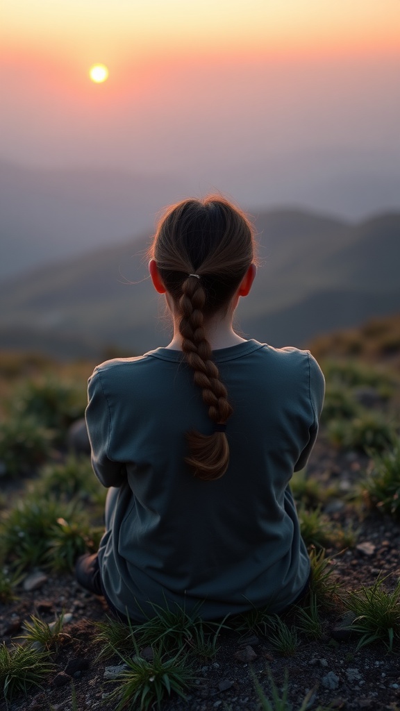 A person sitting on the ground with a fishtail braid, gazing at a sunset in a natural setting.