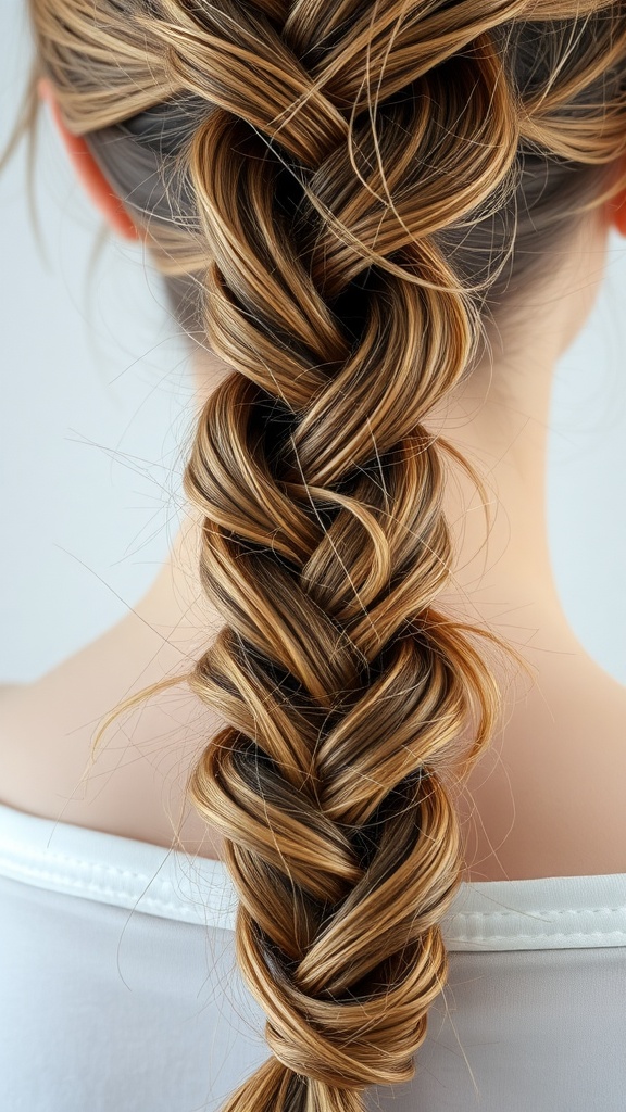 A close-up of a fishtail braid showcasing intricate weaving and highlights in the hair.