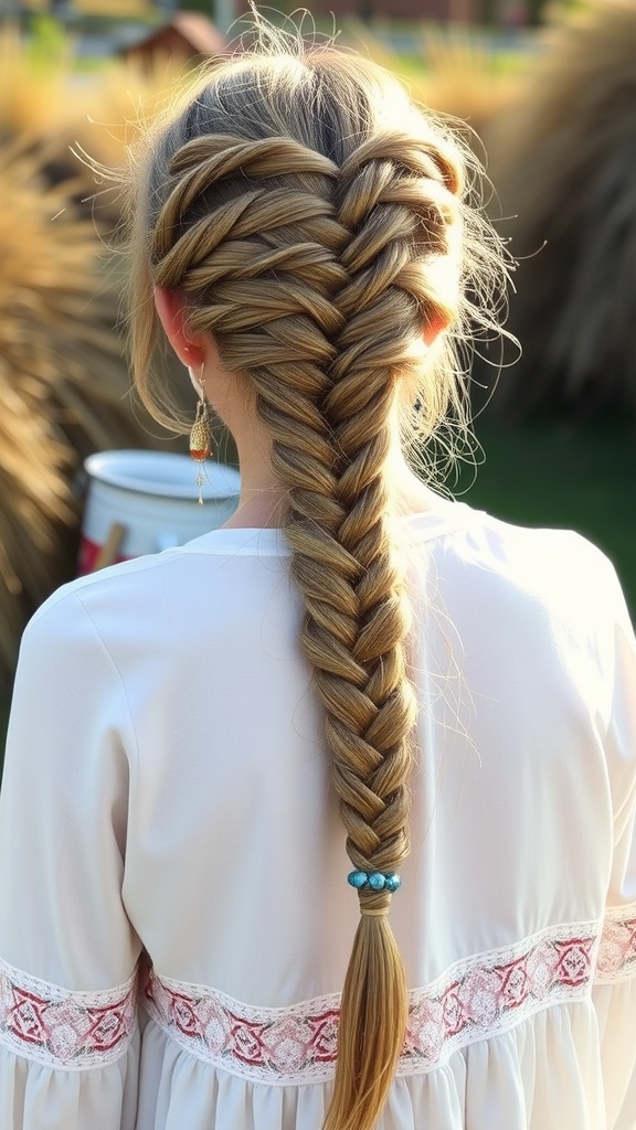 A fishtail braid hairstyle with a boho vibe, featuring intricate weaving and a loose, textured look.