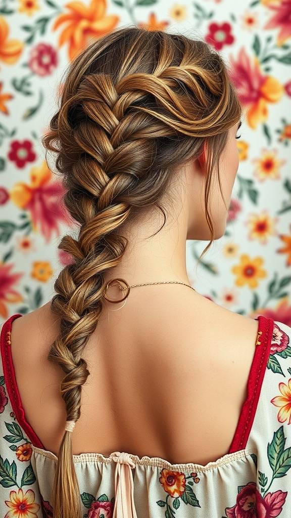 A woman with long hair styled in a fishtail braid, adorned with flowers in the background.