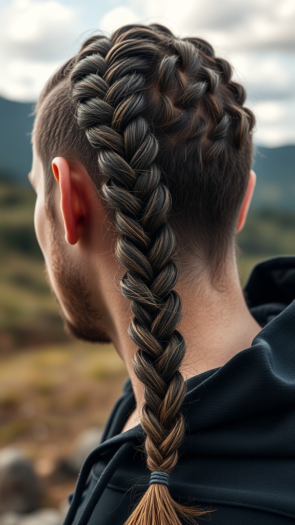 Close-up of a well-done fishtail braid hairstyle on a man