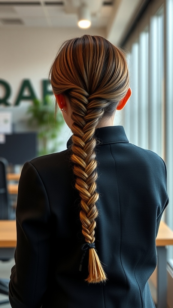 A fishtail braid hairstyle on a woman in a blazer, viewed from the back in a professional setting
