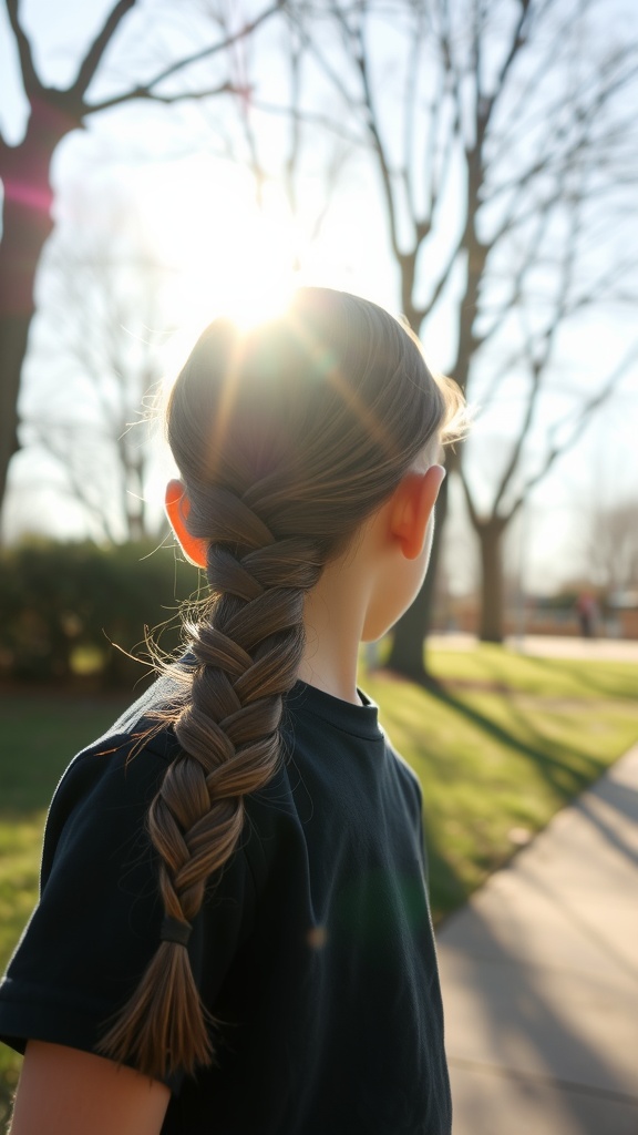 A boy with a fishtail braid standing in a sunlit park.