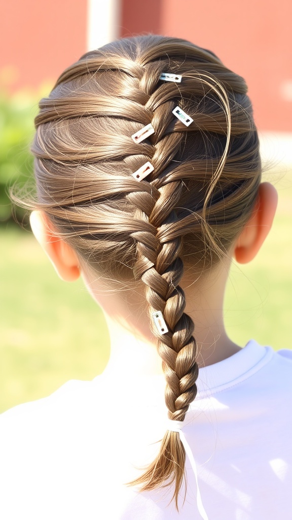 A close-up view of a fishtail braid in a child's hair, adorned with colorful clips.