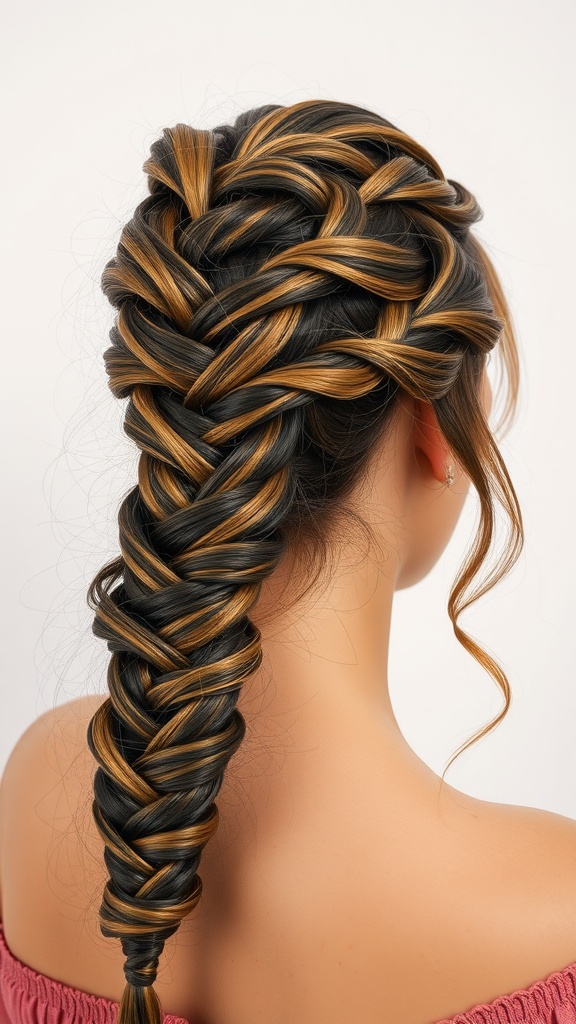 A detailed fishtail braid ponytail hairstyle showcasing dark and light hair colors.