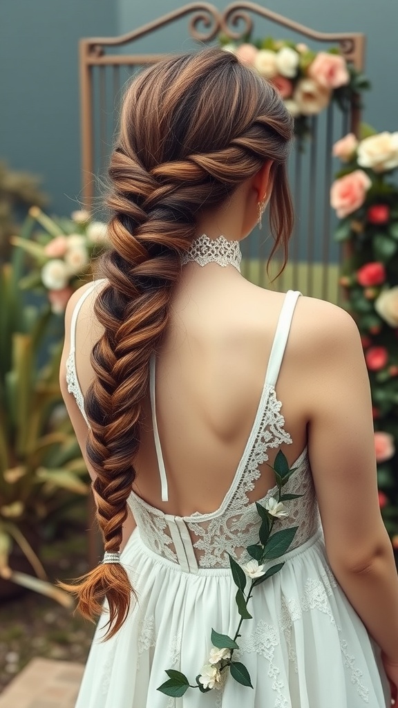 A back view of a woman with a fishtail braid ponytail, wearing a white wedding dress with lace details and floral accents.
