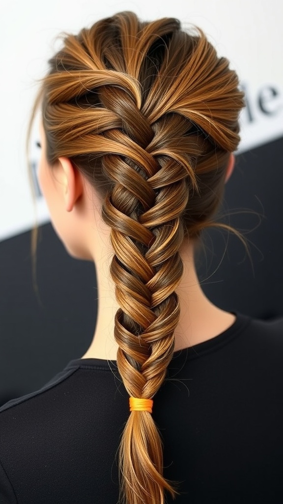 A young woman with a fishtail braid side ponytail, showcasing a two-tone hairstyle.