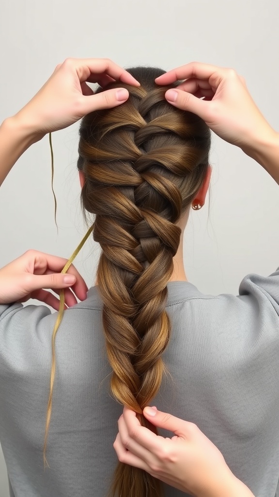 A close-up of hands creating a fishtail braid in long hair