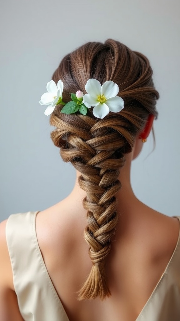A fishtail braid updo adorned with white flowers at the back.