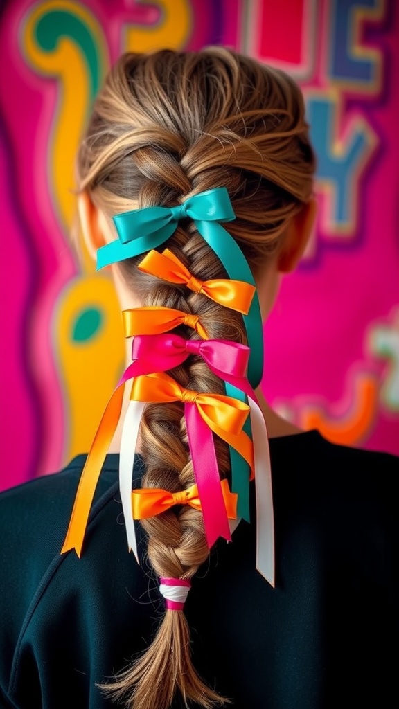 A fishtail braid decorated with colorful ribbons