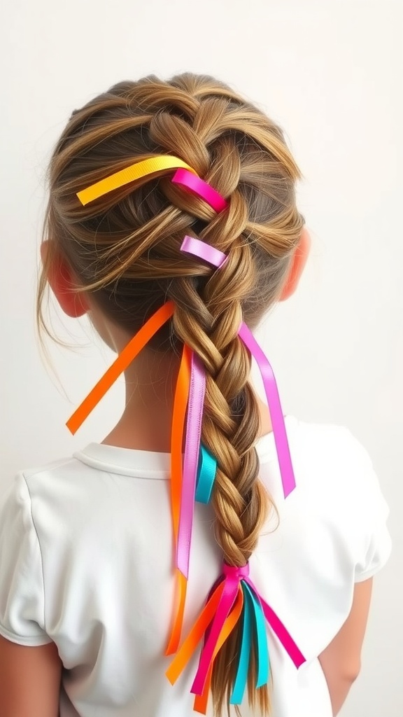 A close-up of a fishtail braid with colorful ribbons in a child's hair.