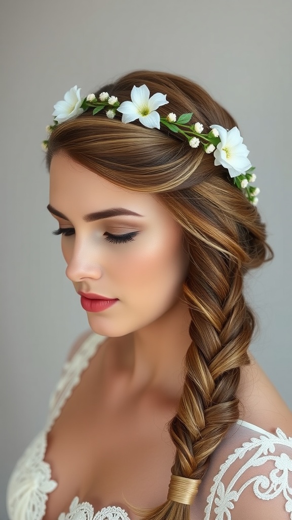 A woman with a fishtail braid adorned with a floral crown.
