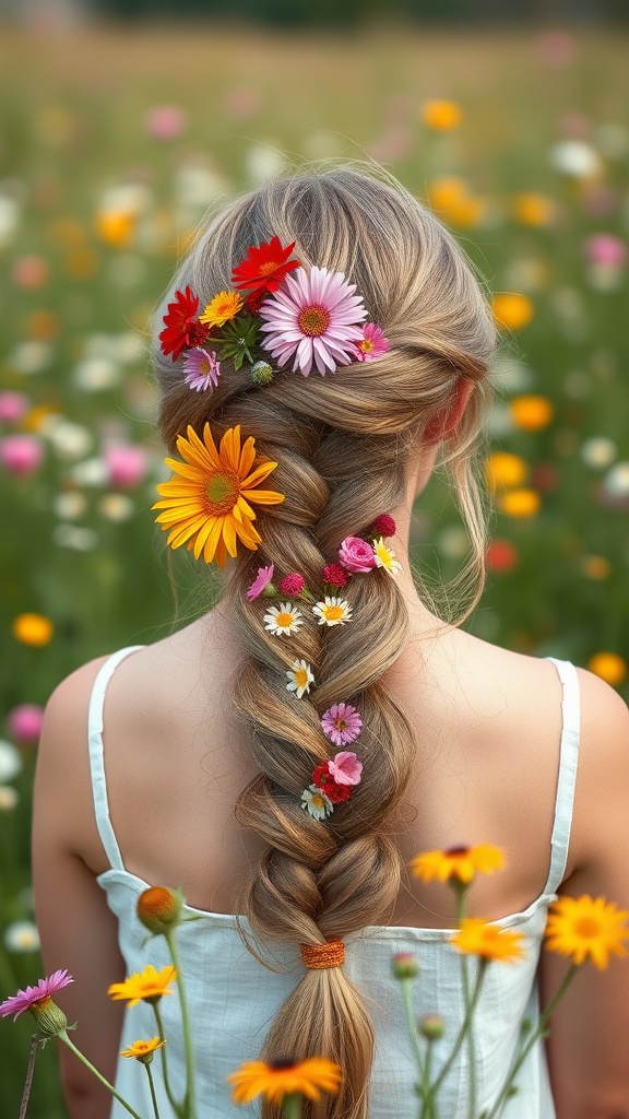 A fishtail braid adorned with colorful flowers, set against a field of blooming flowers.
