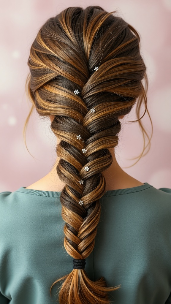 A fishtail braid with glittering hairpins on medium hair