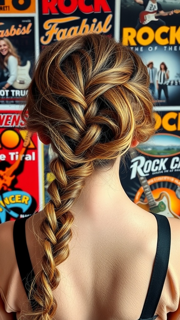 A close-up of a fishtail braid with a messy texture, showcasing a relaxed and edgy hairstyle.